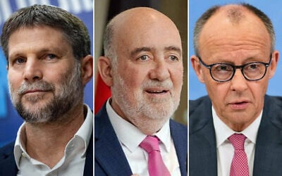L-R: Finance Minister Bezalel Smotrich holds a press conference ahead of final votes on the 2026 state budget at the Knesset in Jerusalem, March 29, 2026. (Yonatan Sindel/Flash90); Israel's Ambassador to Germany Ron Prosor addresses the Conference of Minister-Presidents, March 12, 2025 (Media Service Saxony); German Chancellor Friedrich Merz speaks to the media at the chancellery in Berlin, Germany, Monday, April 13, 2026. (AP Photo/Markus Schreiber)