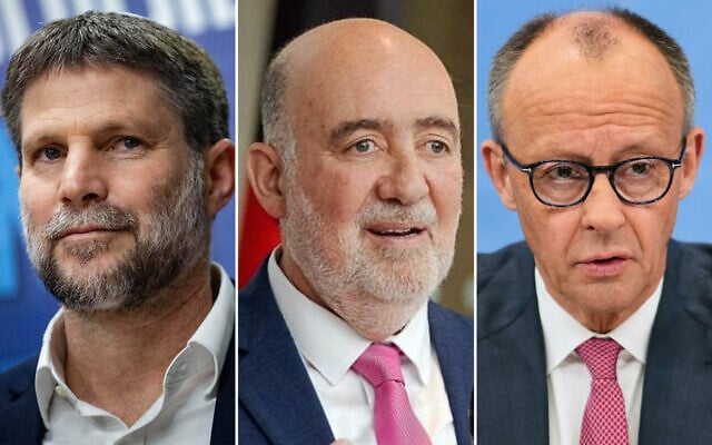 L-R: Finance Minister Bezalel Smotrich holds a press conference ahead of final votes on the 2026 state budget at the Knesset in Jerusalem, March 29, 2026. (Yonatan Sindel/Flash90); Israel's Ambassador to Germany Ron Prosor addresses the Conference of Minister-Presidents, March 12, 2025 (Media Service Saxony); German Chancellor Friedrich Merz speaks to the media at the chancellery in Berlin, Germany, Monday, April 13, 2026. (AP Photo/Markus Schreiber) L-R: Finance Minister Bezalel Smotrich holds a press conference ahead of final votes on the 2026 state budget at the Knesset in Jerusalem, March 29, 2026. (Yonatan Sindel/Flash90); Israel's Ambassador to Germany Ron Prosor addresses the Conference of Minister-Presidents, March 12, 2025 (Media Service Saxony); German Chancellor Friedrich Merz speaks to the media at the chancellery in Berlin, Germany, Monday, April 13, 2026. (AP Photo/Markus Schreiber)