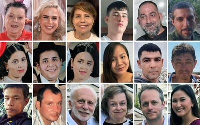 Top row, L to R: Sara Elimelech, Ronit Elimelech, Bruria Yosef, Gavriel Ravach, Oren Katz, Yosef Cohen; Middle row, L to R: Sara Biton, Yaakov Biton, Avigayil Biton, Mary Ann De Vera, Amid Mortozov, Rustam Gulomov; Bottom row, L to R: Chaiwat Waewnil, Vyacheslav Vidmant, Vladimir Gershovich, Lena Ostrovsky Gershovich, Dima Gershovich and Lucille Jean Gershovich. Not pictured: Ilana and Yaron Moshe. (Courtesy/Composite: Times of Israel)