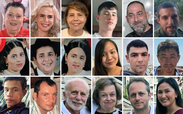 Top row, L to R: Sara Elimelech, Ronit Elimelech, Bruria Yosef, Gavriel Ravach, Oren Katz, Yosef Cohen; Middle row, L to R: Sara Biton, Yaakov Biton, Avigayil Biton, Mary Ann De Vera, Amid Mortozov, Rustam Gulomov; Bottom row, L to R: Chaiwat Waewnil, Vyacheslav Vidmant, Vladimir Gershovich, Lena Ostrovsky Gershovich, Dima Gershovich and Lucille Jean Gershovich. Not pictured: Ilana and Yaron Moshe. (Courtesy/Composite: Times of Israel)
