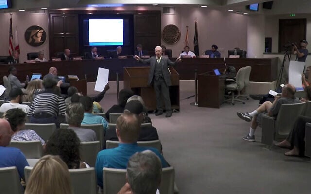Far-right activist Don Grundmann addresses the Modesto City Council in August 2019. (Screenshot/Modesto City Council via YouTube) Far-right activist Don Grundmann addresses the Modesto City Council in August 2019. (Screenshot/Modesto City Council via YouTube)