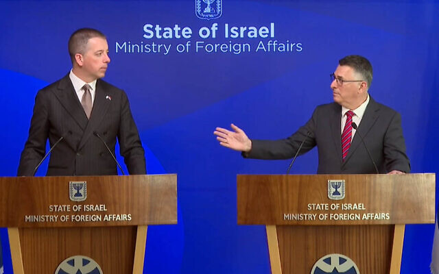 Foreign Minister Gideon Sa'ar (right), speaking at a joint press conference with Serbian Foreign Minister Marko Đurić in Jerusalem, April 28, 2026. (Screen capture: GPO) Foreign Minister Gideon Sa'ar (right), speaking at a joint press conference with Serbian Foreign Minister Marko Đurić in Jerusalem, April 28, 2026. (Screen capture: GPO)