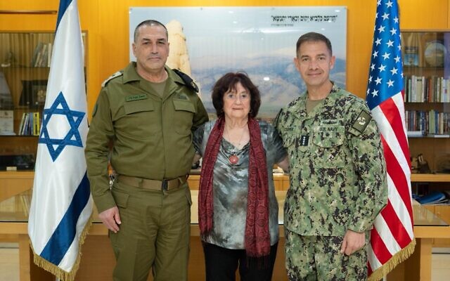 IDF Chief of Staff Lt. Gen. Eyal Zamir (left) and CENTCOM chief Adm. Brad Cooper (right) meet with Holocaust survivor Bella Haim, April 14, 2026. (Israel Defense Forces)