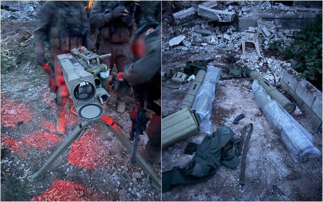A Hezbollah anti-tank missile launcher and missiles found by troops in southern Lebanon, in handout photos published on April 15, 2026. (Israel Defense Forces)