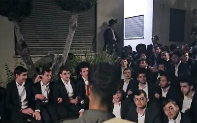 Haredi extremists protesting the arrest of a draft evader break into the backyard of the house of Military Police chief Brig. Gen. Yuval Yamin in Ashkelon, April 28, 2026. (Israel Police)