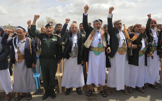 Supporters of Yemen's Iran-backed Houthi rebels attend a rally in the Houthi-held capital of Sanaa on March 26, 2026. (Mohammed HUWAIS / AFP)