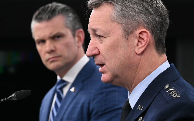 US Secretary of Defense Pete Hegseth (L) looks on as Chairman of the Joint Chiefs of Staff General Dan Caine speaks during a press briefing at the Pentagon in Washington, DC, on April 8, 2026 (Mandel NGAN / AFP) US Secretary of Defense Pete Hegseth (L) looks on as Chairman of the Joint Chiefs of Staff General Dan Caine speaks during a press briefing at the Pentagon in Washington, DC, on April 8, 2026 (Mandel NGAN / AFP)