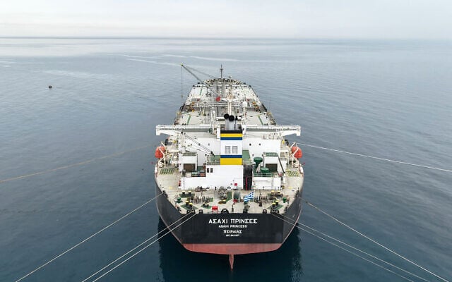 An aerial photograph shows the Greek-flagged crude oil tanker 'Asahi Princess' off the coast of the Syrian Baniyas port refinery, along the Mediterranean Sea on on April 15, 2026. (Bakr ALkasem / AFP)