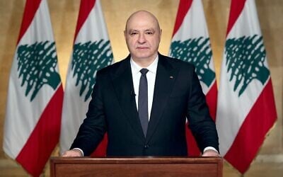 A photograph released by the Lebanese Presidency on April 17, 2026, shows Lebanon's President Joseph Aoun delivering a televised address to the Lebanese people from the Baabda Presidential Palace, east of the capital Beirut. (Lebanese Presidency)