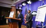 Acting US Attorney General Todd Blanche, left, speaks alongside FBI Director Kash Patel during a news conference at the Robert F. Kennedy Department of Justice building in Washington on April 21, 2026. (Anna Moneymaker/Getty Images/AFP)