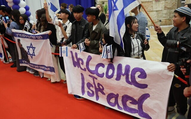 Relatives welcome members of the Bnei Menashe community from India upon their arrival at Ben Gurion Airport on April 23, 2026. (Jack Guez/AFP) Relatives welcome members of the Bnei Menashe community from India upon their arrival at Ben Gurion Airport on April 23, 2026. (Jack Guez/AFP)