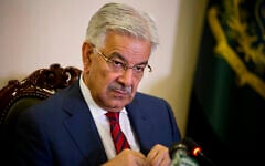 In this April 2, 2018, file photo, Pakistan's then-Foreign Minister Asif listens to a reporter at the Foreign Ministry in Islamabad, Pakistan. (AP/B.K. Bangash)