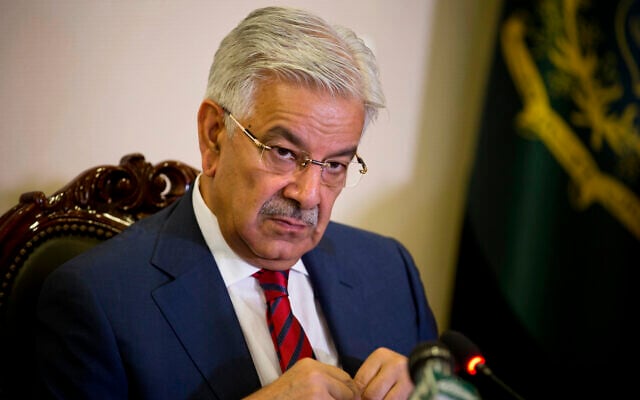 FILE - In this April 2, 2018, file photo, Pakistan's then-Foreign Minister Asif listens to a reporter at the Foreign Ministry in Islamabad, Pakistan. (AP/B.K. Bangash)