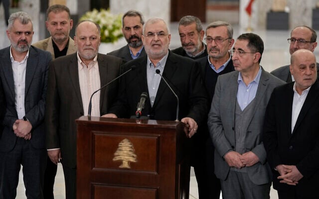 The head of Hezbollah's parliamentary bloc, Mohammed Raad, center, speaks to journalists after his meeting with Lebanese President Joseph Aoun, at the presidential palace in Baabda, east of Beirut, Lebanon, January 13, 2025. (AP Photo/Bilal Hussein) The head of Hezbollah's parliamentary bloc, Mohammed Raad, center, speaks to journalists after his meeting with Lebanese President Joseph Aoun, at the presidential palace in Baabda, east of Beirut, Lebanon, January 13, 2025. (AP Photo/Bilal Hussein)