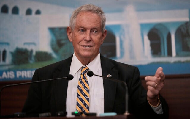 US Rep. Joe Wilson, a South Carolina Republican, speaks during a press conference after he and other congresspeople met with the Lebanese President Joseph Aoun, at the presidential palace in Baabda, east of Beirut, Lebanon, August 26, 2025. (AP Photo/Hussein Malla)