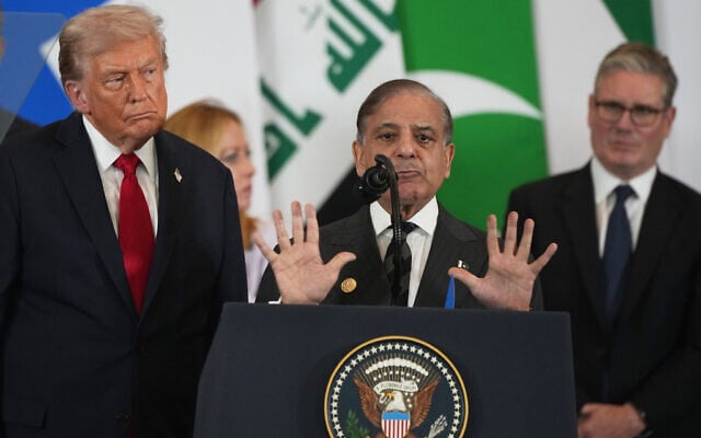Pakistan Prime Minister Shehbaz Sharif, center, speaks as US President Donald Trump, left, Italian Prime Minister Giorgia Meloni, in background, and UK Prime Minister Keir Starmer look on, during the Gaza peace summit in Sharm el-Sheikh, Egypt, October 13, 2025. (AP Photo/Amr Nabil) Pakistan Prime Minister Shehbaz Sharif, center, speaks as US President Donald Trump, left, Italian Prime Minister Giorgia Meloni, in background, and UK Prime Minister Keir Starmer look on, during the Gaza peace summit in Sharm el-Sheikh, Egypt, October 13, 2025. (AP Photo/Amr Nabil)