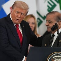 US President Donald Trump shakes hands with Pakistan's Prime Minister Shehbaz Sharif during the Gaza International Peace Summit in Sharm el-Sheikh, Egypt, October 13, 2025. (AP Photo/Amr Nabil)