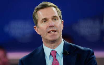 Kentucky Governor Andy Beshear speaks during the Annual Meeting of the World Economic Forum in Davos, Switzerland, January 21, 2026. (AP Photo/Markus Schreiber)