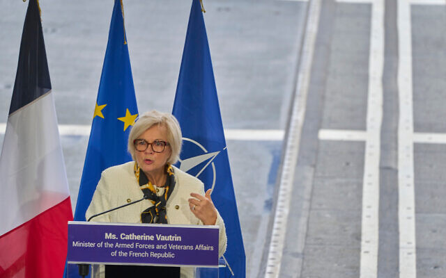 French Defense Minister Catherine Vautrin speaks at an event near Athens, January 29, 2026. (AP/Petros Giannakouris) French Defense Minister Catherine Vautrin speaks at an event near Athens, January 29, 2026. (AP/Petros Giannakouris)