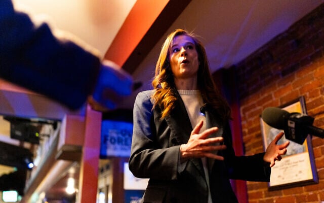 Michigan State Sen. Mallory McMorrow, a candidate for the US Senate, during an interview following a campaign event on February 5, 2026, at Churchill's Food & Spirits in Flint, Michigan. (AP/Emily Elconin)