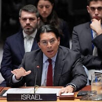 Israel's Ambassador to the United Nations Danny Danon speaks during a meeting of the Security Council at UN headquarters, March 11, 2026. (AP Photo/Seth Wenig)