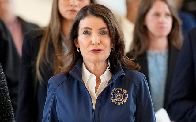 New York Governor Kathy Hochul at LaGuardia Airport, March 23, 2026. (AP/Seth Wenig) New York Governor Kathy Hochul at LaGuardia Airport, March 23, 2026. (AP/Seth Wenig)