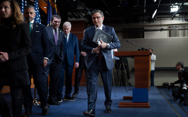Speaker of the House Mike Johnson, R-La., center, and fellow Republicans depart a news conference at the Capitol in Washington, March 25, 2026. (AP/J. Scott Applewhite) Speaker of the House Mike Johnson, R-La., center, and fellow Republicans depart a news conference at the Capitol in Washington, March 25, 2026. (AP/J. Scott Applewhite)