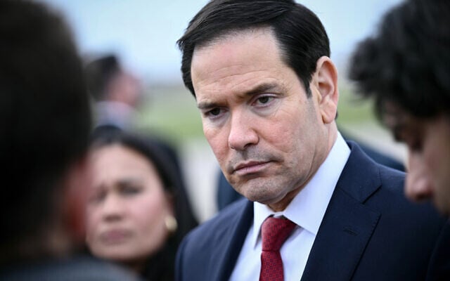 US Secretary of State Marco Rubio looks on as he speaks to the press following a G7 Foreign Ministers' meeting with Partner Countries at the Bourget airport in Le Bourget, outside Paris, March 27, 2026. (Brendan Smialowski/Pool Photo via AP)