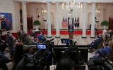 President Donald Trump speaks about the Iran war from the Cross Hall of the White House on Wednesday, April 1, 2026, in Washington. (AP Photo/Alex Brandon, Pool)