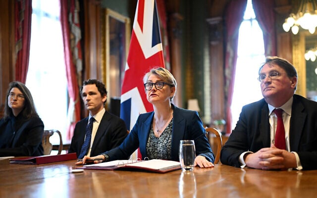 Britain's Foreign Secretary Yvette Cooper, second right, attends a virtual summit at the Foreign Office in London on Thursday April 2, 2026. (Leon Neal/Pool Photo via AP) Britain's Foreign Secretary Yvette Cooper, second right, attends a virtual summit at the Foreign Office in London on Thursday April 2, 2026. (Leon Neal/Pool Photo via AP)