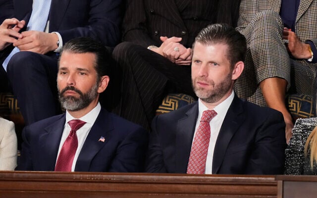 Donald Trump Jr., left, and Eric Trump listen to US President Donald Trump's State of the Union address at the US Capitol in Washington, February 24, 2026. (AP Photo/Alex Brandon) Donald Trump Jr., left, and Eric Trump listen to US President Donald Trump's State of the Union address at the US Capitol in Washington, February 24, 2026. (AP Photo/Alex Brandon)