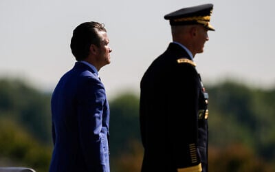 US Defense Secretary Pete Hegseth, left, and US Army Chief of Staff Gen. Randy George review troops during the POW/MIA National Recognition Day Ceremony at the Pentagon, September 19, 2025, in Washington. (AP/Julia Demaree Nikhinson) US Defense Secretary Pete Hegseth, left, and US Army Chief of Staff Gen. Randy George review troops during the POW/MIA National Recognition Day Ceremony at the Pentagon, September 19, 2025, in Washington. (AP/Julia Demaree Nikhinson)
