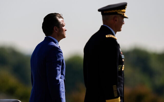 US Defense Secretary Pete Hegseth, left, and US Army Chief of Staff Gen. Randy George review troops during the POW/MIA National Recognition Day Ceremony at the Pentagon, September 19, 2025, in Washington. (AP/Julia Demaree Nikhinson) US Defense Secretary Pete Hegseth, left, and US Army Chief of Staff Gen. Randy George review troops during the POW/MIA National Recognition Day Ceremony at the Pentagon, September 19, 2025, in Washington. (AP/Julia Demaree Nikhinson)