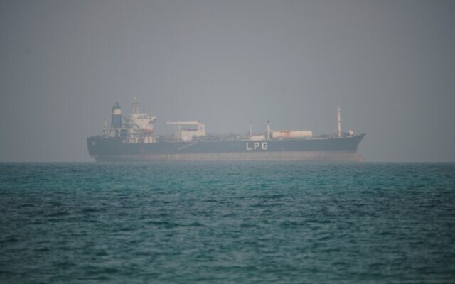 An LPG (liquefied petroleum gas) tanker sails in waters north of the Bab el-Mandeb Strait in Mokha, Yemen, April 6, 2026. (AP/Abdulnasser Alseddik)