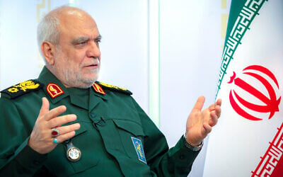 In this photo released on Feb. 18, 2026, by an official website of the office of the Iranian supreme leader, the head of intelligence for Iran's paramilitary Revolutionary Guard, Maj. Gen. Majid Khademi speaks in an interview in Tehran, Iran. (Office of the Iranian Supreme Leader via AP)