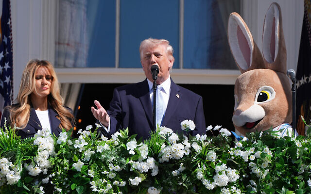 US President Donald Trump and first lady Melania Trump participate in the White House Easter Egg Roll on the South Lawn of the White House, April 6, 2026, in Washington. (AP Photo/Alex Brandon)