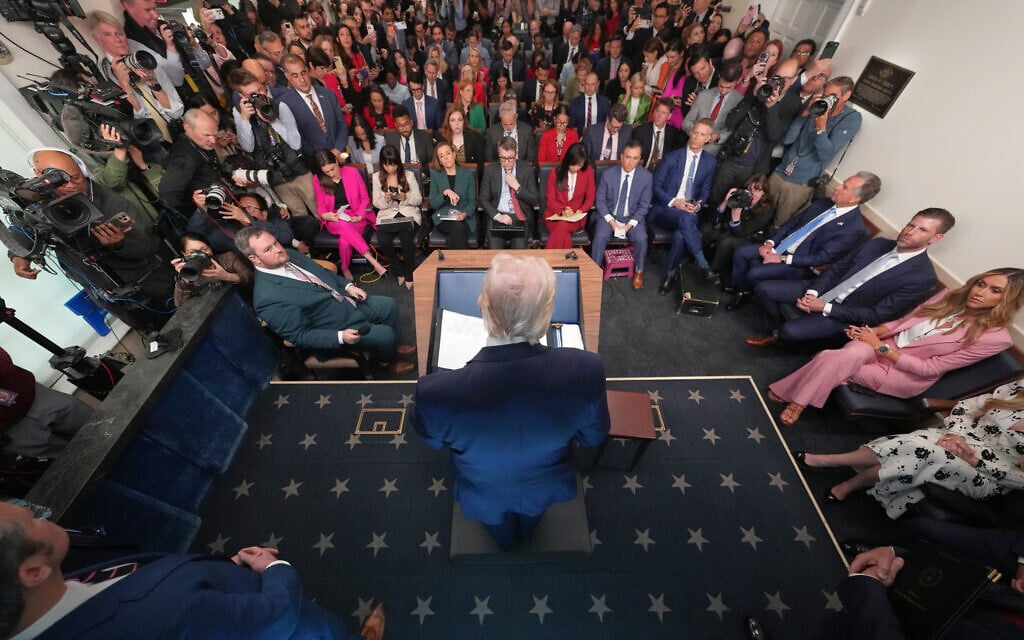 US President Donald Trump speaks with reporters in the James Brady Press Briefing Room at the White House, April 6, 2026, in Washington. (AP Photo/Mark Schiefelbein)