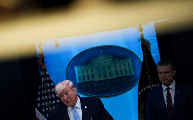 President Donald Trump, accompanied by Defense Secretary Pete Hegseth, speaks with reporters in the James Brady Press Briefing Room at the White House, Monday, April 6, 2026, in Washington. (AP Photo/Julia Demaree Nikhinson) President Donald Trump, accompanied by Defense Secretary Pete Hegseth, speaks with reporters in the James Brady Press Briefing Room at the White House, Monday, April 6, 2026, in Washington. (AP Photo/Julia Demaree Nikhinson)