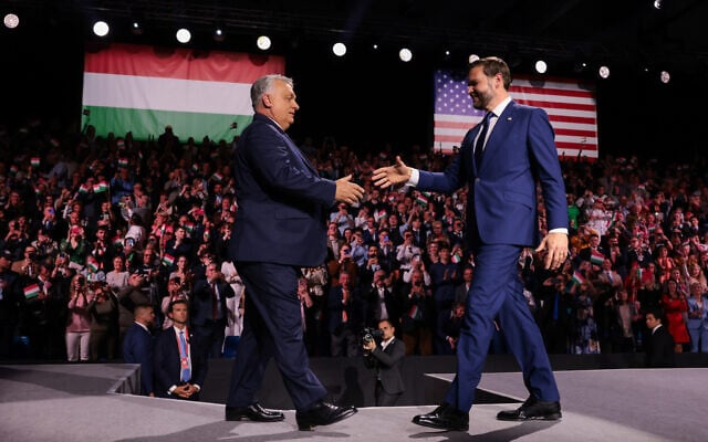 US Vice President JD Vance and Hungarian Prime Minister Viktor Orban, left, shake hands during a Day of Friendship event in Budapest, Hungary on April 7, 2026. (Jonathan Ernst/Pool Photo via AP) US Vice President JD Vance and Hungarian Prime Minister Viktor Orban, left, shake hands during a Day of Friendship event in Budapest, Hungary on April 7, 2026. (Jonathan Ernst/Pool Photo via AP)