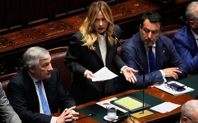 Italian Premier Giorgia Meloni addresses the lower chamber of parliament in Rome, April 9, 2026. (AP Photo/Alessandra Tarantino)