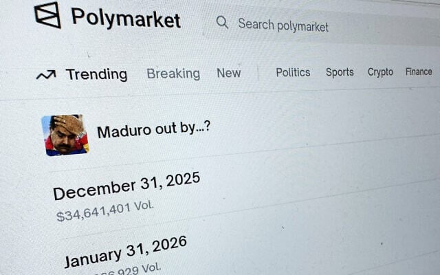 The Polymarket prediction market website is displayed on a computer screen, January 11, 2026, in New York. (AP/Wyatte Grantham-Philips)