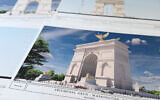 Artist renderings and diagrams for US President Donald Trump's new triumphal arch released by the US Commission of Fine Arts that is planned to be built in Washington between the Lincoln Memorial and Arlington National Cemetery, are photographed April 10, 2026. (AP Photo/Jon Elswick)