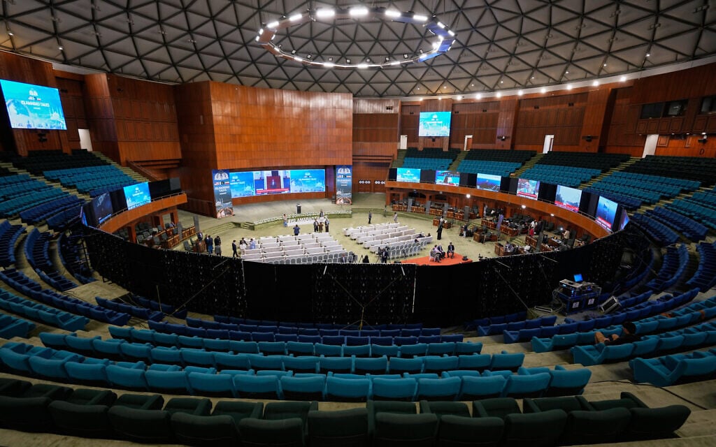 Members of the media work at a media center setup for the coverage of the US-Iran talks, in Islamabad, Pakistan, April 11, 2026. (AP Photo/Anjum Naveed)