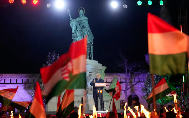 Hungary's Prime Minister Viktor Orban addresses supporters during the electoral campaign closing rally of the governing Fidesz party in Budapest, Hungary, April 11, 2026. (AP Photo/Petr David Josek) Hungary's Prime Minister Viktor Orban addresses supporters during the electoral campaign closing rally of the governing Fidesz party in Budapest, Hungary, April 11, 2026. (AP Photo/Petr David Josek)