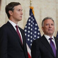 White House envoys Jared Kushner, left, and Steve Witkoff, listen as US Vice President JD Vance (not in picture) speaks during a news conference after meeting with representatives from Pakistan and Iran, in Islamabad, Pakistan, April 12, 2026. (AP/Jacquelyn Martin, Pool)