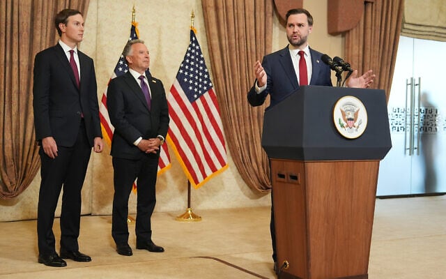 US Vice President JD Vance, right, speaks during a news conference after meeting with representatives from Pakistan and Iran as Jared Kushner, left, and Steve Witkoff, Special Envoy for Peace Missions listen, on April 12, 2026, in Islamabad, Pakistan. (AP Photo/Jacquelyn Martin, Pool) US Vice President JD Vance, right, speaks during a news conference after meeting with representatives from Pakistan and Iran as Jared Kushner, left, and Steve Witkoff, Special Envoy for Peace Missions listen, on April 12, 2026, in Islamabad, Pakistan. (AP Photo/Jacquelyn Martin, Pool)