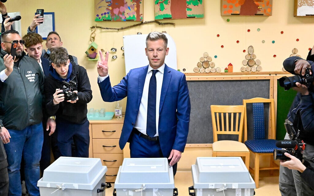 Peter Magyar, leader of the opposition Tisza party, reacts after casting his ballot at a polling station in Budapest, Hungary, April 12, 2026. (AP Photo/Denes Erdos) Peter Magyar, leader of the opposition Tisza party, reacts after casting his ballot at a polling station in Budapest, Hungary, April 12, 2026. (AP Photo/Denes Erdos)