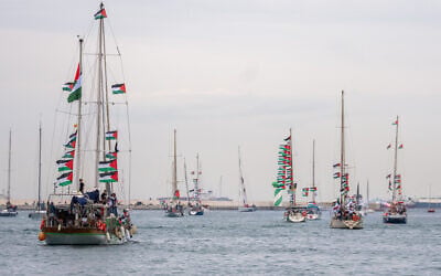 A flotilla sets off, carrying activists and humanitarian aid bound for the Gaza Strip, from Barcelona, Spain, April 12, 2026. (AP/Joan Mateu Parra) A flotilla sets off, carrying activists and humanitarian aid bound for the Gaza Strip, from Barcelona, Spain, April 12, 2026. (AP/Joan Mateu Parra)