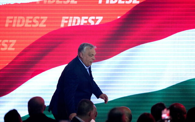 Hungary's outgoing Prime Minister Viktor Orban arrives on the podium after a parliamentary election in Budapest, Hungary, April 12, 2026. (AP Photo/Petr David Josek) Hungary's outgoing Prime Minister Viktor Orban arrives on the podium after a parliamentary election in Budapest, Hungary, April 12, 2026. (AP Photo/Petr David Josek)