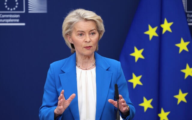 European Commission President Ursula von der Leyen speaks during a media conference regarding energy at EU headquarters in Brussels, Monday, April 13, 2026. (AP Photo/Omar Havana)